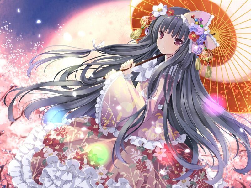 Anime Girl with Umbrella — Purple, Serene, Spring, Flowers