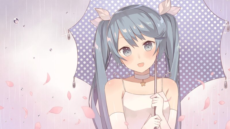 Anime Girl with Umbrella — Purple, Serene, Spring, Rain, Petals