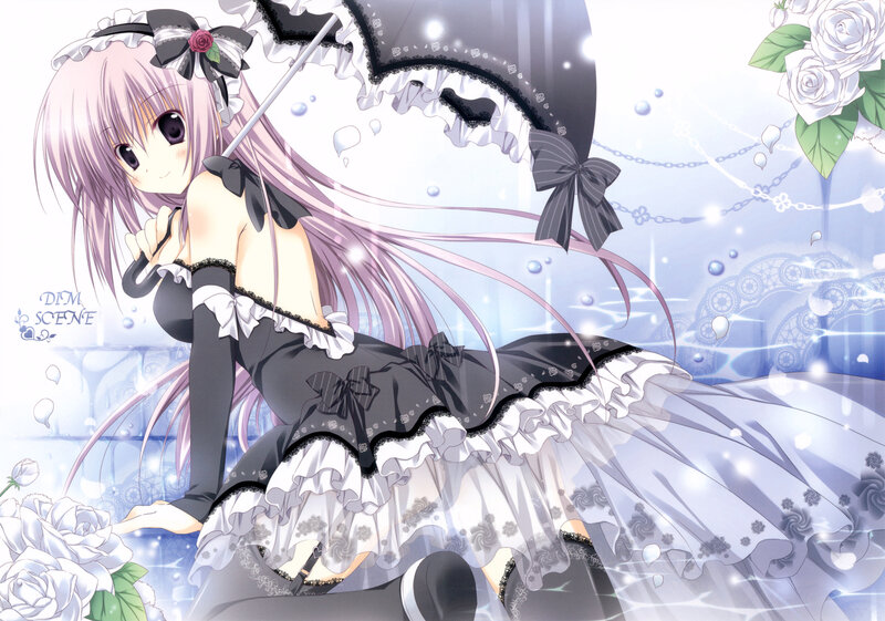 Anime Girl with Umbrella — Purple, Serene, White Roses