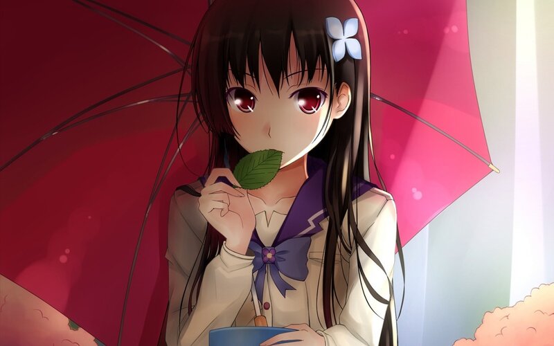 Anime Girl with Umbrella — Red, Calm, Leaf