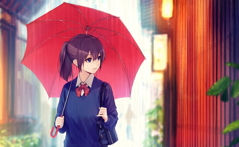 Anime Girl with Umbrella — Red, Calm, Night, Digital Art, School Uniform