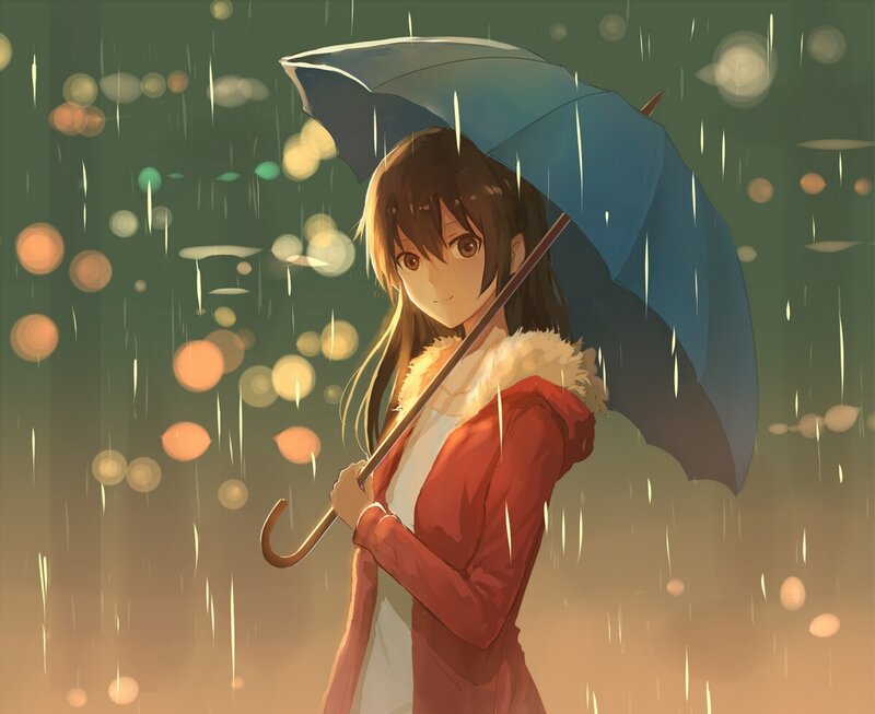Anime Girl with Umbrella — Red, Calm, Night, Digital Art