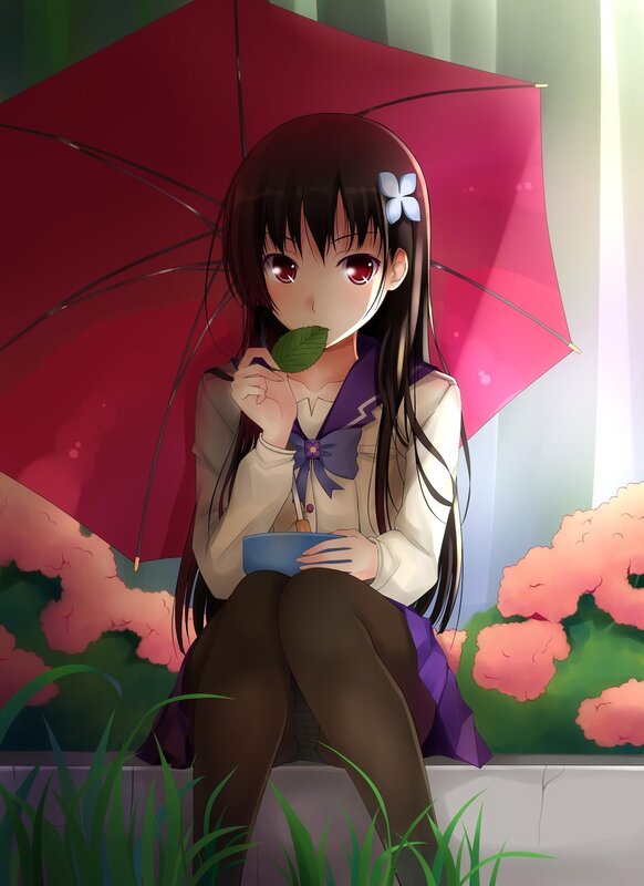 Anime Girl with Umbrella — Red, Calm, Spring, Leaf, Flower