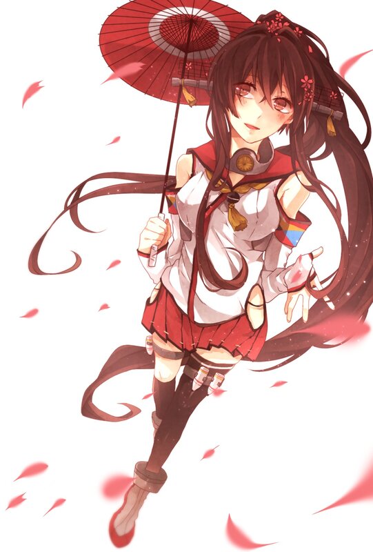 Anime Girl with Umbrella — Red, Calm, Spring, Petals