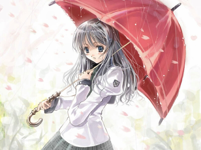 Anime Girl with Umbrella — Red, Calm, Spring