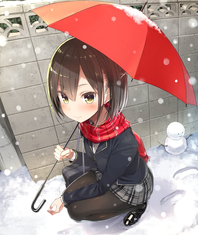Anime Girl with Umbrella — Red, Calm, Winter, Snowman