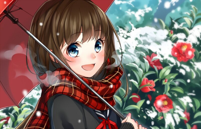 Anime Girl with Umbrella — Red, Cheerful