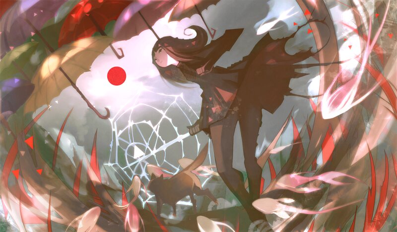 Anime Girl with Umbrella — Red, Dramatic, Digital Art, Cat