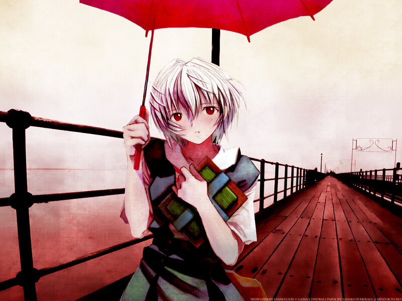 Anime Girl with Umbrella — Red, Dramatic, Digital Art, Pier