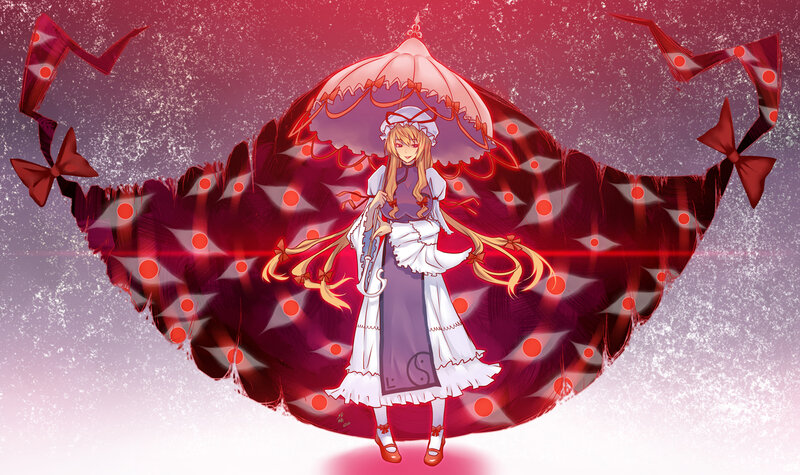 Anime Girl with Umbrella — Red, Dramatic, Digital Art, Ribbons