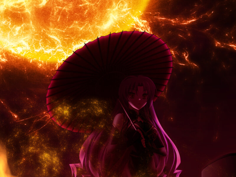 Anime Girl with Umbrella — Red, Dramatic, Digital Art