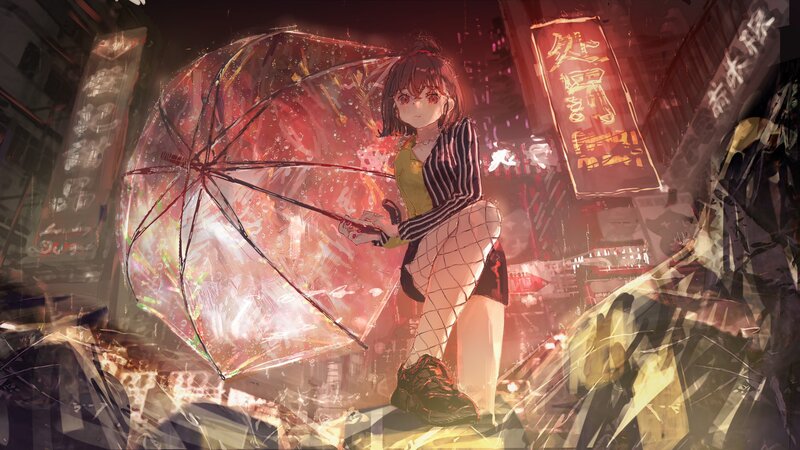 Anime Girl with Umbrella — Red, Dramatic, Night, Digital Art, Neon Signs