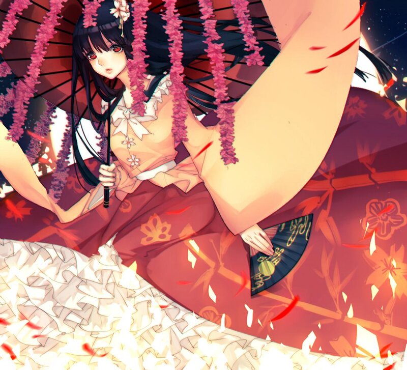 Anime Girl with Umbrella — Red, Dramatic, Night, Kimono
