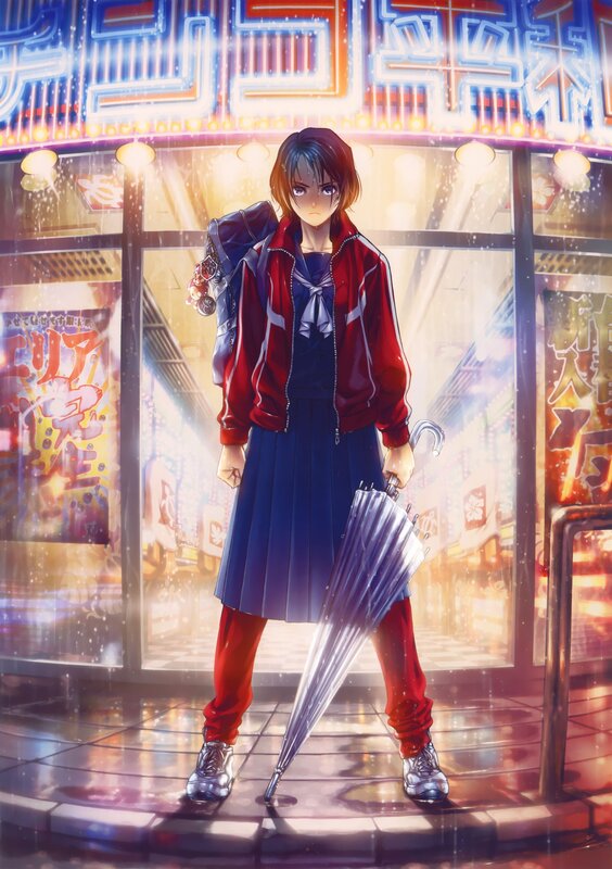 Anime Girl with Umbrella — Red, Dramatic, Night, School Uniform