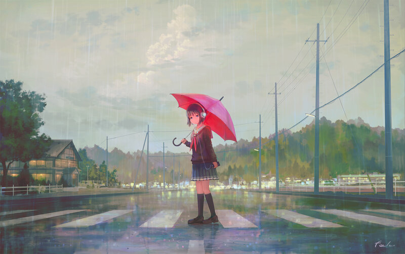 Anime Girl with Umbrella — Red, Melancholic, Afternoon