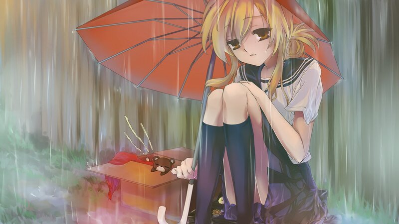 Anime Girl with Umbrella — Red, Melancholic, Digital Art, Rain
