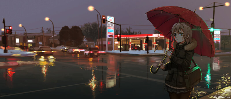 Anime Girl with Umbrella — Red, Melancholic, Night, Digital Art