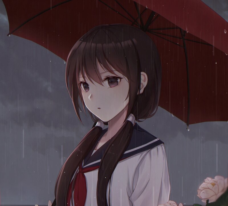Anime Girl with Umbrella — Red, Melancholic, Night, Rain