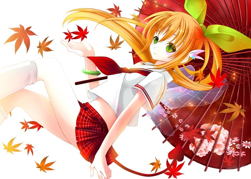 Anime Girl with Umbrella — Red, Playful, Autumn