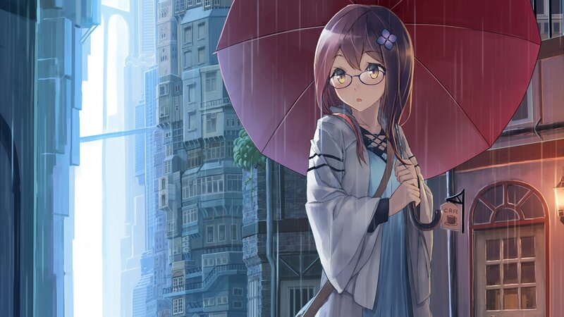 Anime Girl with Umbrella — Red, Rainy