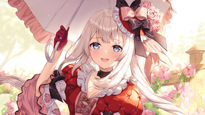 Anime Girl with Umbrella — Red, Serene, Afternoon, Digital Art, Roses