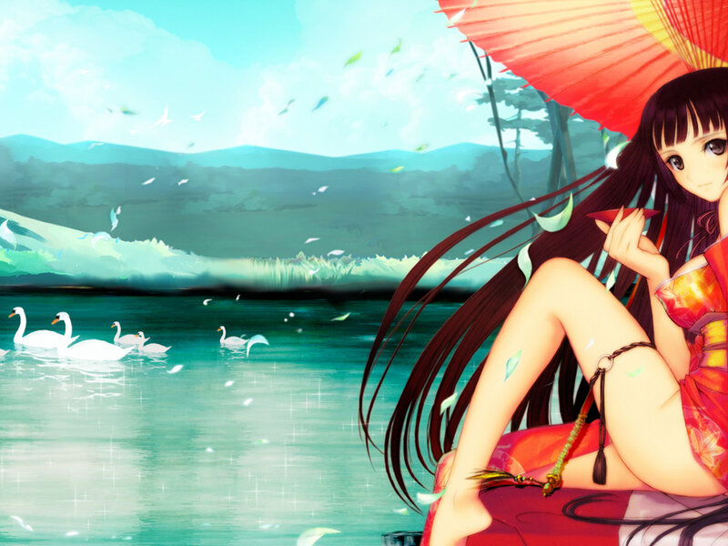 Anime Girl with Umbrella — Red, Serene, Afternoon, Digital Art