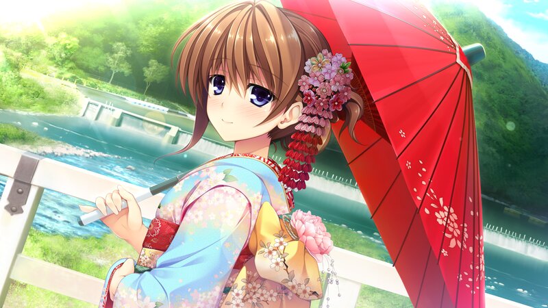 Anime Girl with Umbrella — Red, Serene, Afternoon, Kimono