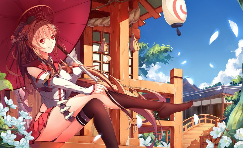 Anime Girl with Umbrella — Red, Serene, Afternoon, Lantern