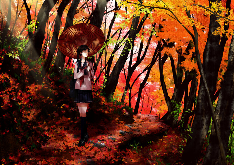 Anime Girl with Umbrella — Red, Serene, Autumn, Digital Art, Forest