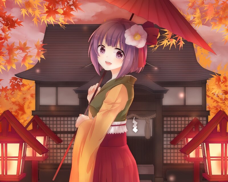 Anime Girl with Umbrella — Red, Serene, Autumn, Digital Art