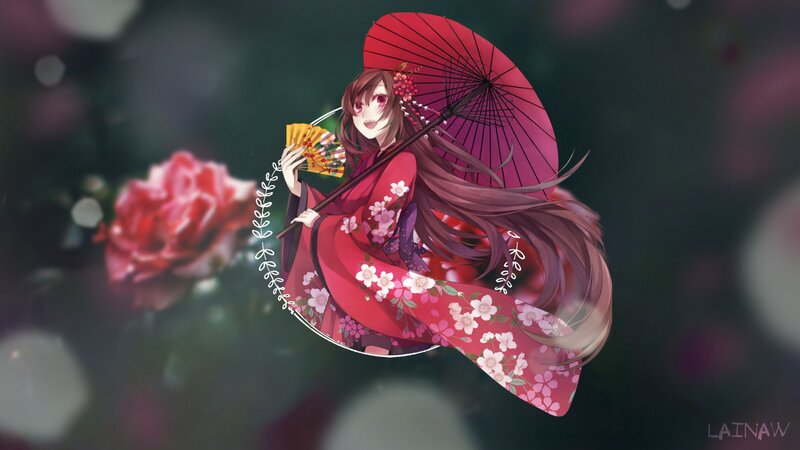 Anime Girl with Umbrella — Red, Serene, Digital Art, Fan