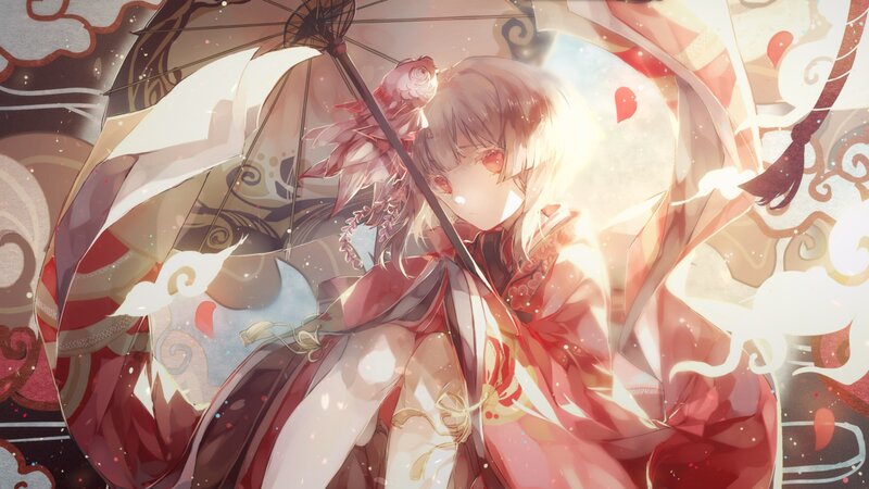 Anime Girl with Umbrella — Red, Serene, Digital Art, Fish