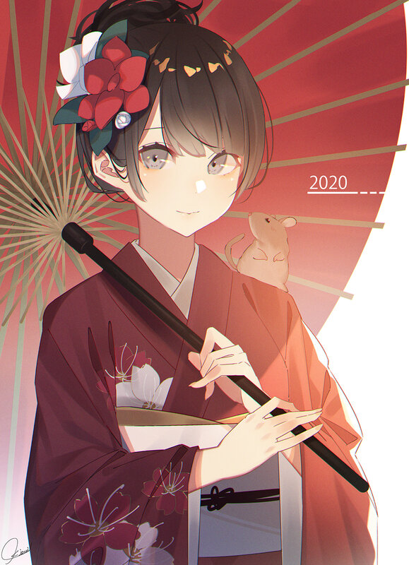 Anime Girl with Umbrella — Red, Serene, Digital Art, Flower
