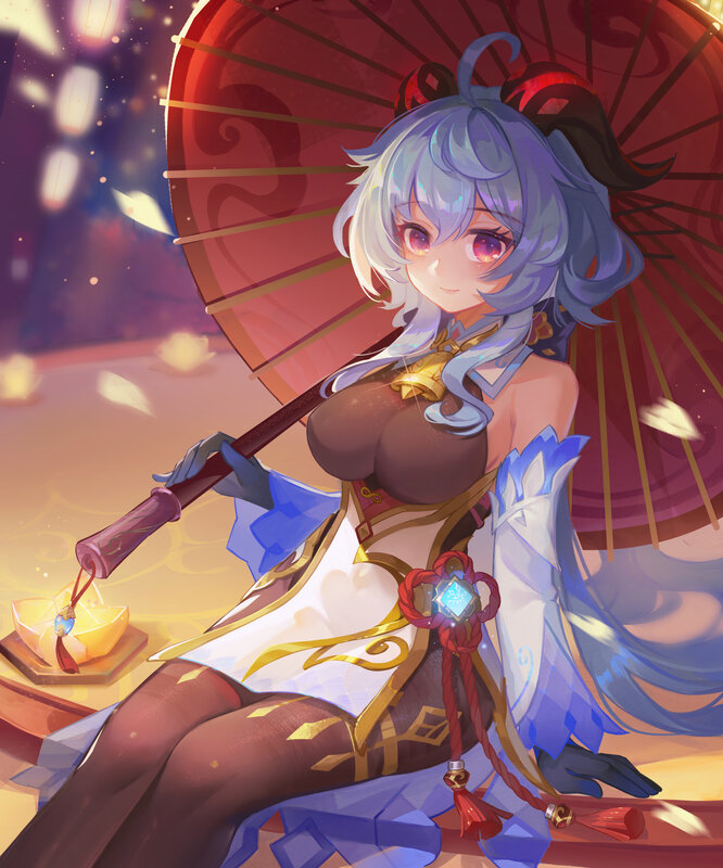 Anime Girl with Umbrella — Red, Serene, Night, Digital Art, Lantern