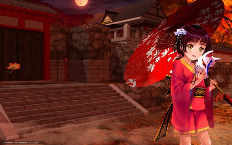 Anime Girl with Umbrella — Red, Serene, Night, Digital Art, Mask