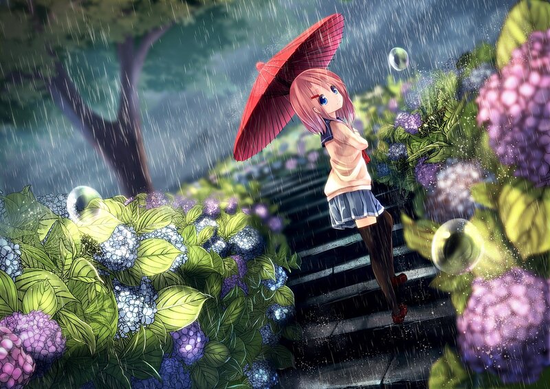 Anime Girl with Umbrella — Red, Serene, Night, Digital Art, Rain