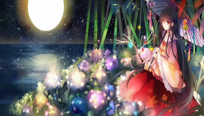 Anime Girl with Umbrella — Red, Serene, Night, Digital Art