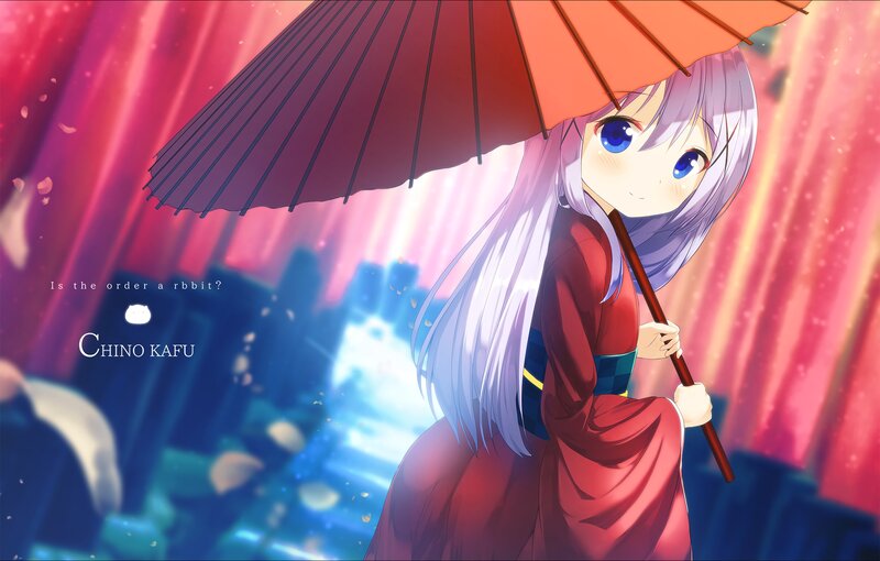 Anime Girl with Umbrella — Red, Serene, Night, Kimono