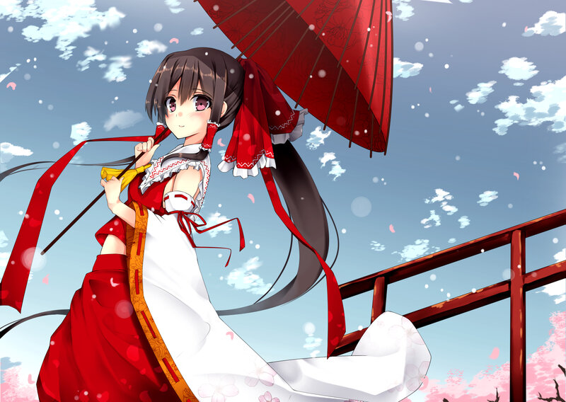 Anime Girl with Umbrella — Red, Serene, Spring, Bridge