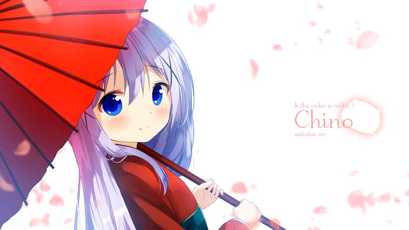 Anime Girl with Umbrella — Red, Serene, Spring, Cherry Blossoms, Blue Eyes