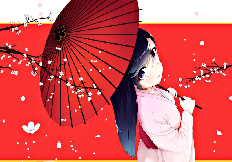 Anime Girl with Umbrella — Red, Serene, Spring, Cherry Blossoms, Kimono