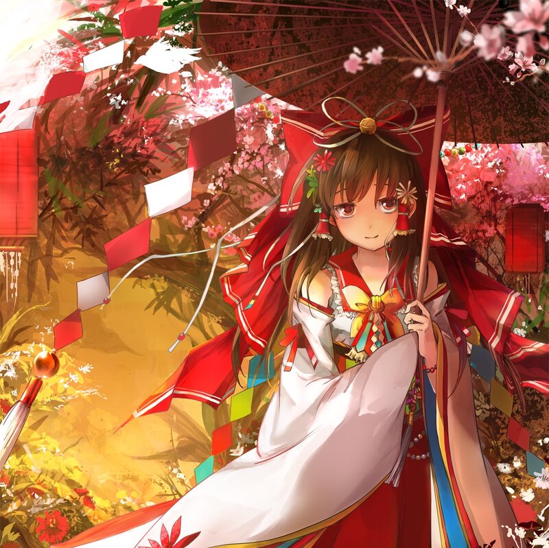 Anime Girl with Umbrella — Red, Serene, Spring, Digital Art, Cherry Blossoms, Lanterns