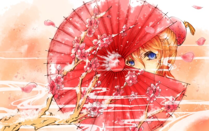 Anime Girl with Umbrella — Red, Serene, Spring, Digital Art, Cherry Blossoms