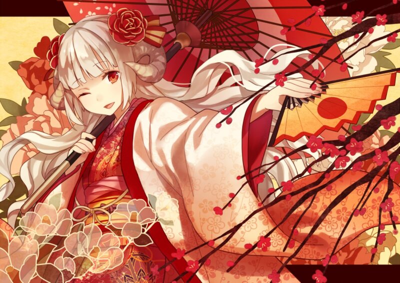 Anime Girl with Umbrella — Red, Serene, Spring, Digital Art, Flowers