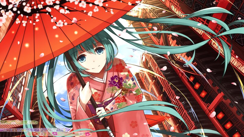 Anime Girl with Umbrella — Red, Serene, Spring, Digital Art, Kimono, Sakura