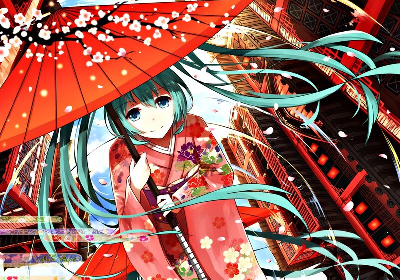 Anime Girl with Umbrella — Red, Serene, Spring, Kimono, Cherry Blossoms