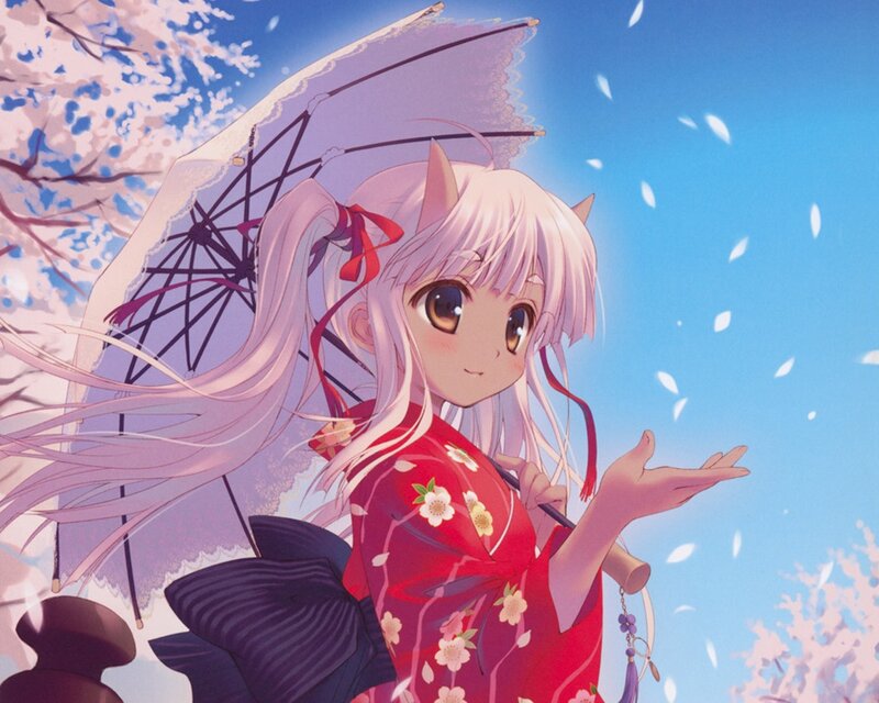 Anime Girl with Umbrella — Red, Serene, Spring, Sakura