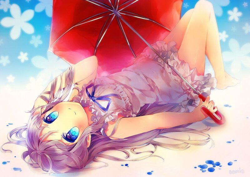 Anime Girl with Umbrella — Red, Serene, Summer, Digital Art