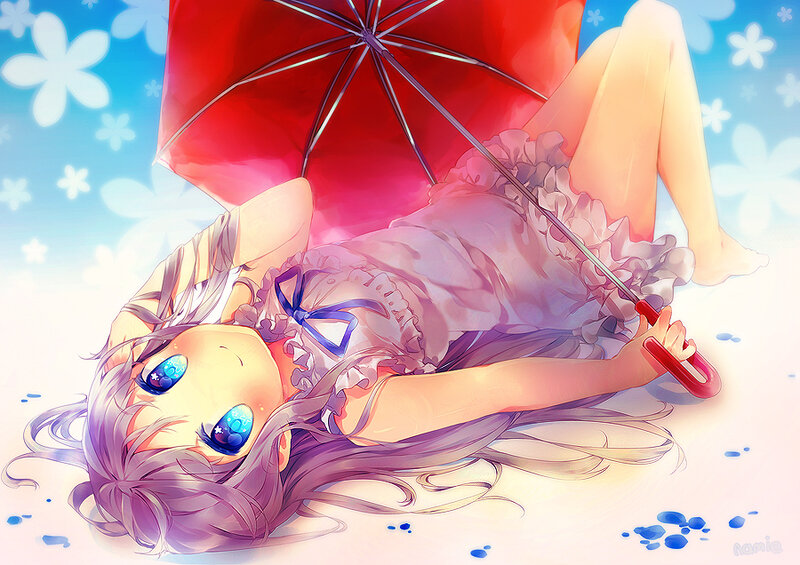 Anime Girl with Umbrella — Red, Serene, Summer