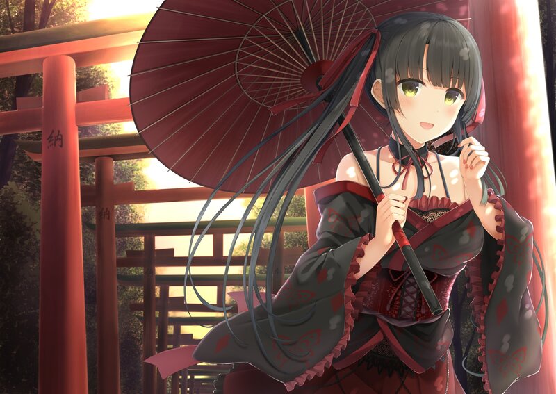 Anime Girl with Umbrella — Red, Serene, Sunset, Digital Art, Torii Gate
